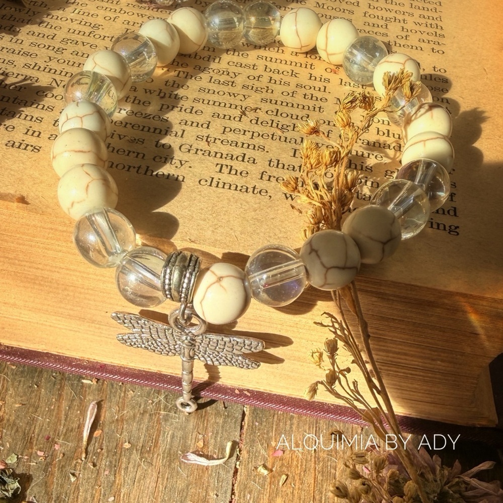 Howlite & Clear Bead Bracelet • Silver Dragonfly Charm • California Mystic